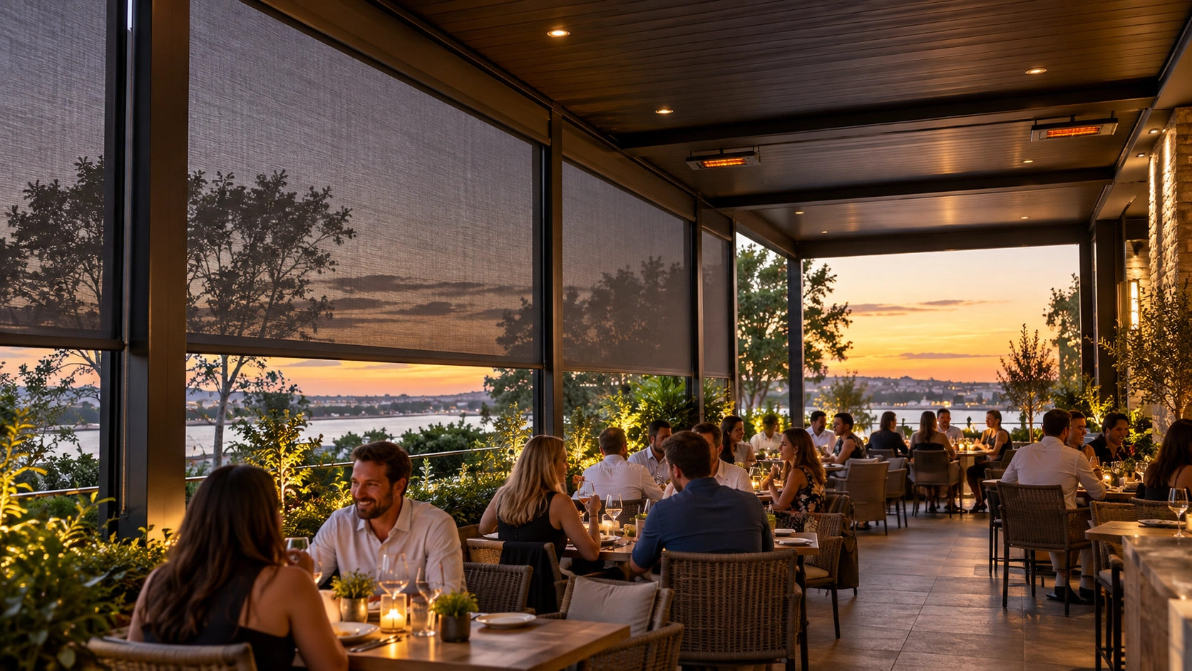 Restaurant patio with retractable ZIP screens during dinner service