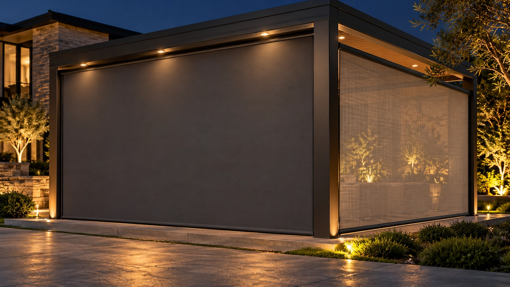 Pergola with separate opaque privacy and woven mesh ZIP screens