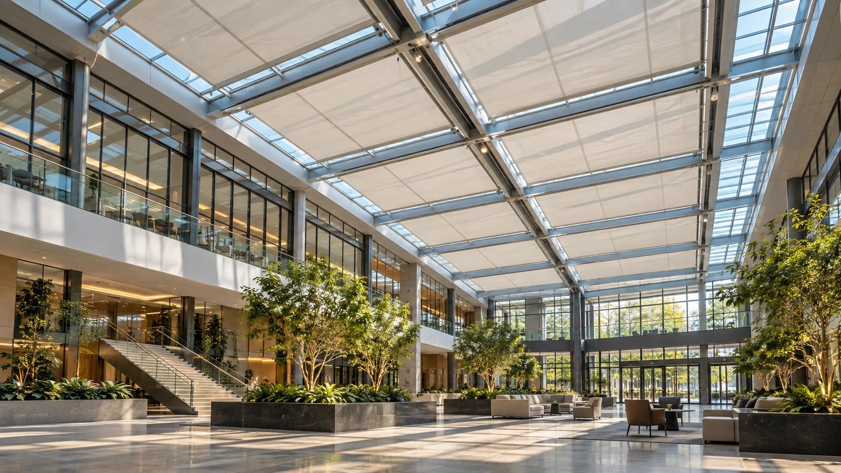 Motorized glass roof shading system for a large overhead opening
