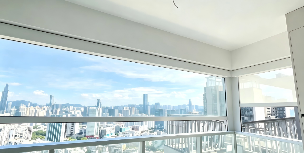 Panoramic L-shaped corner balcony before outdoor shade installation