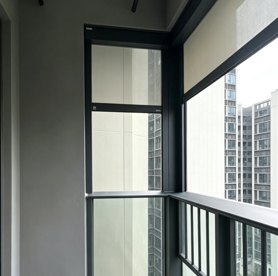 Custom corner support post connecting two balcony roller shade systems