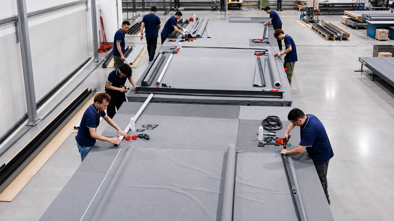 NewHoo workers assembling guided roller blind systems in the factory