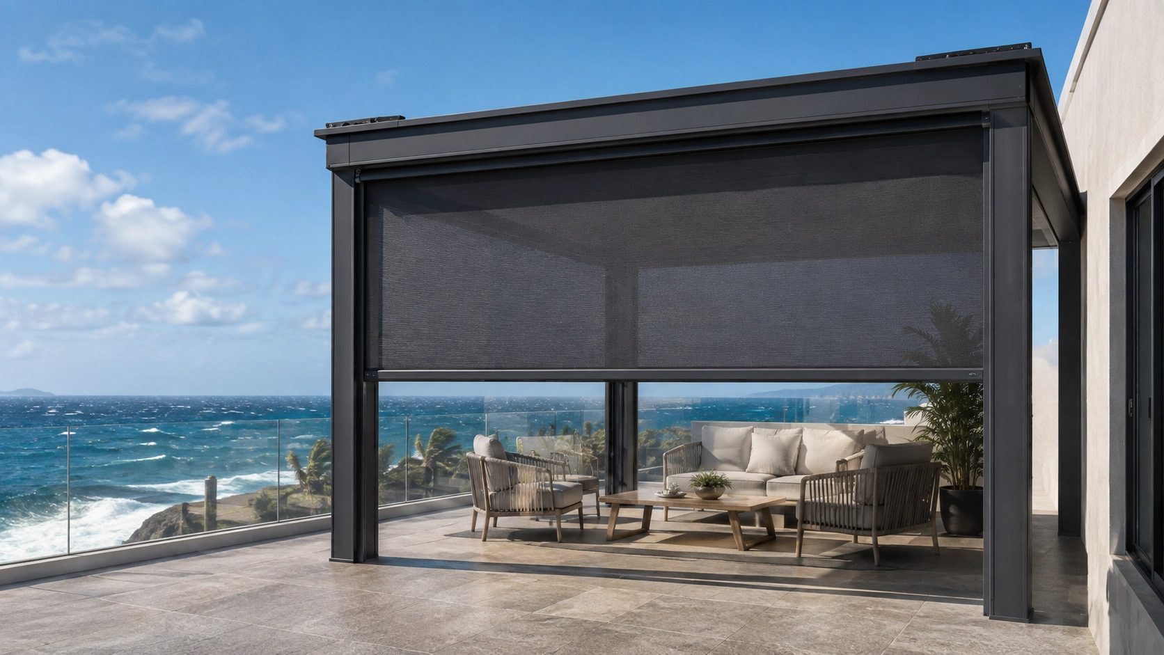 Outdoor ZIP screen installed on a coastal patio in windy conditions