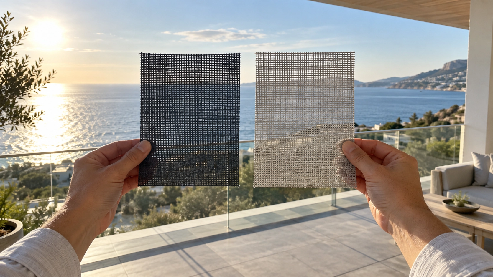 Dark and light screen fabric samples compared against a sea view