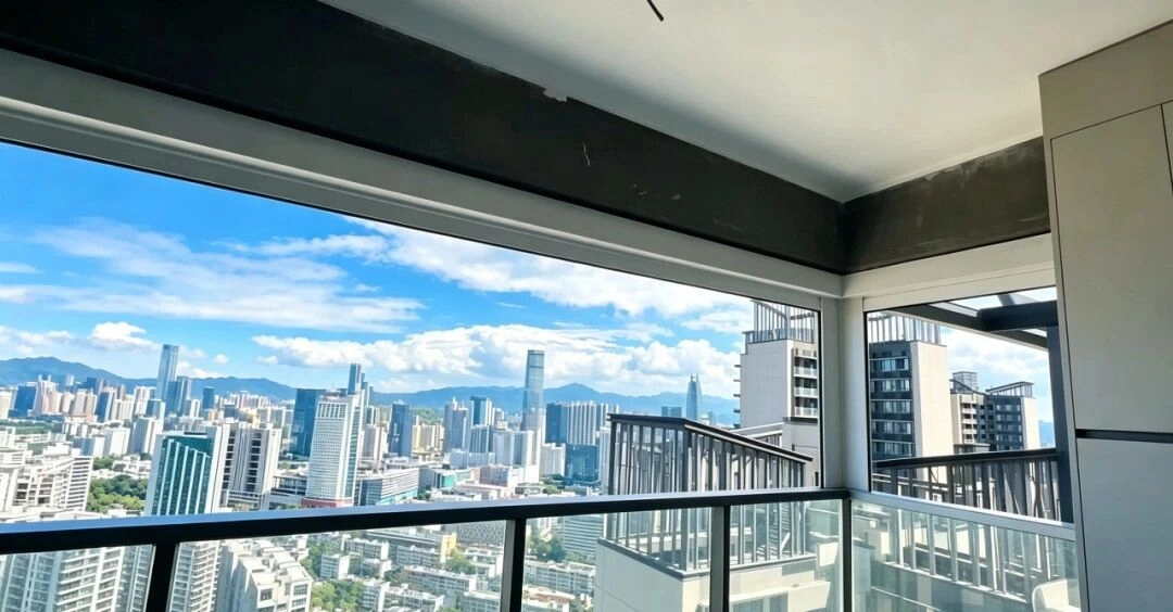Completed L-shaped balcony with independently controlled outdoor roller shades
