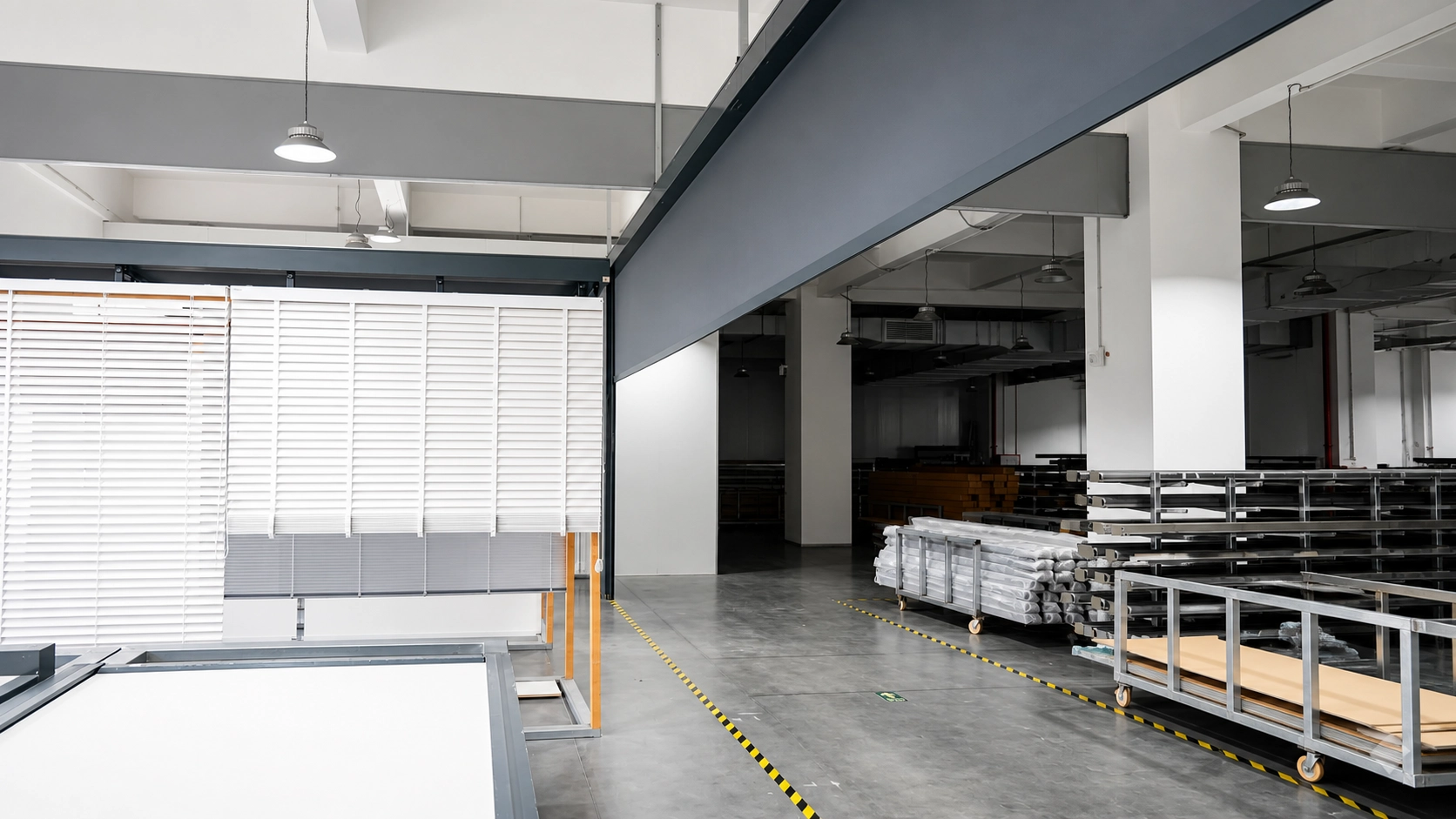 Retractable guided roller blind separating factory production zones