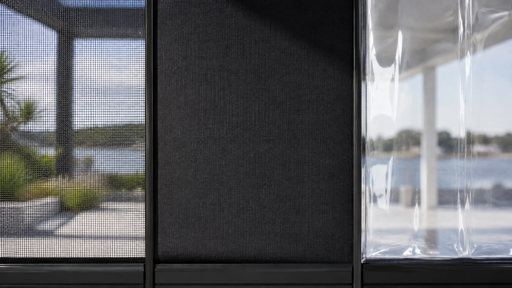 ZIP screen fabric comparison showing mesh, blackout fabric and clear PVC