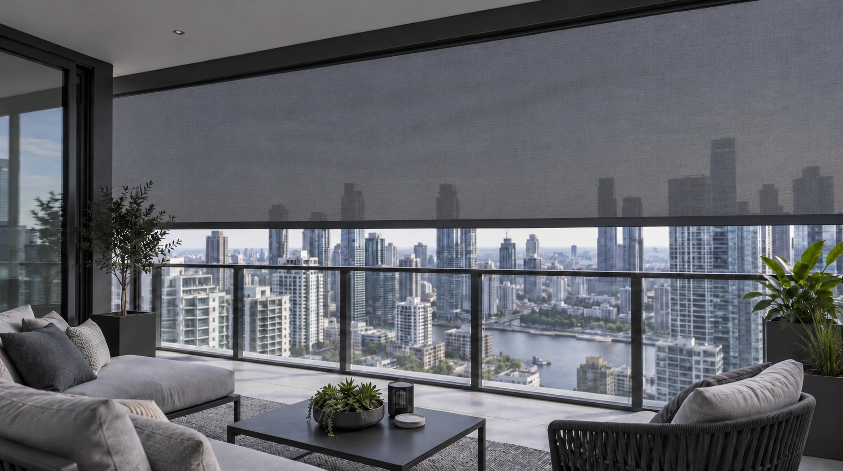 ZIP screen with subtle diagonal fabric tension wrinkles on a high-rise balcony