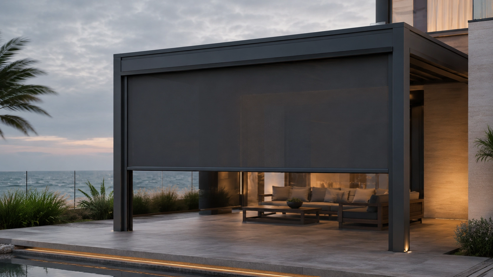 ZIP screen installed on an exposed coastal pergola in a high-wind location