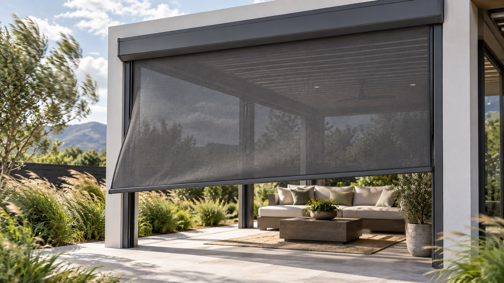 Outdoor ZIP screen fabric deflecting under wind load on an exposed pavilion