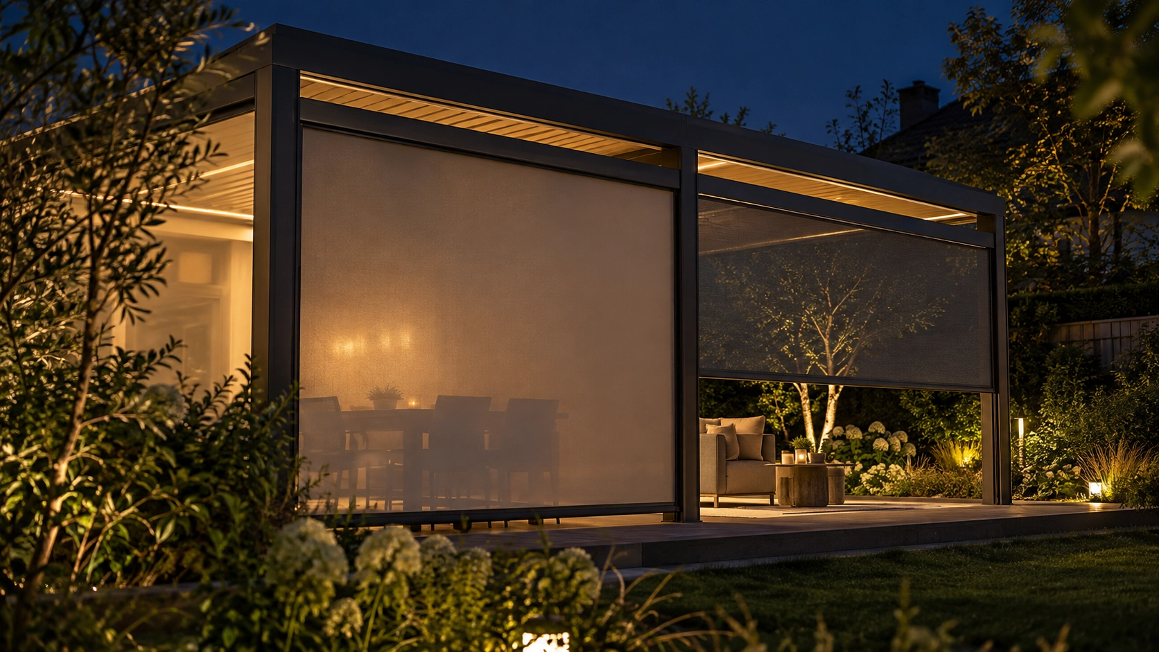 Opaque indoor guided blind covering a room opening behind a patio