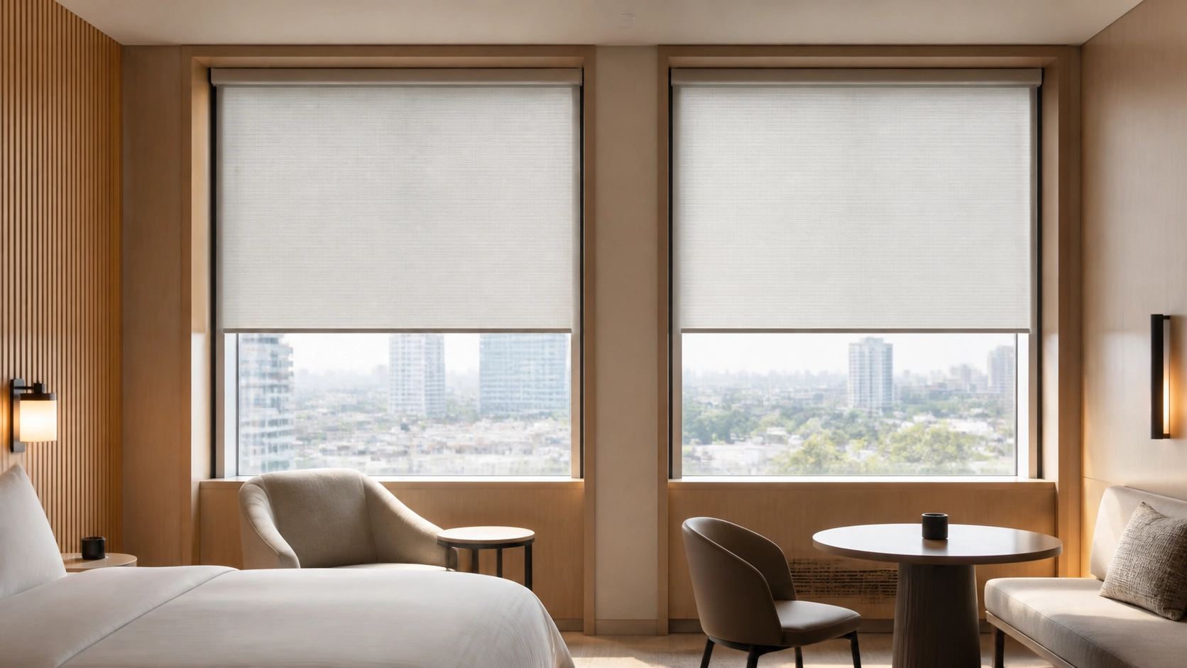 Office and hotel roller blinds with side tracks installed indoors