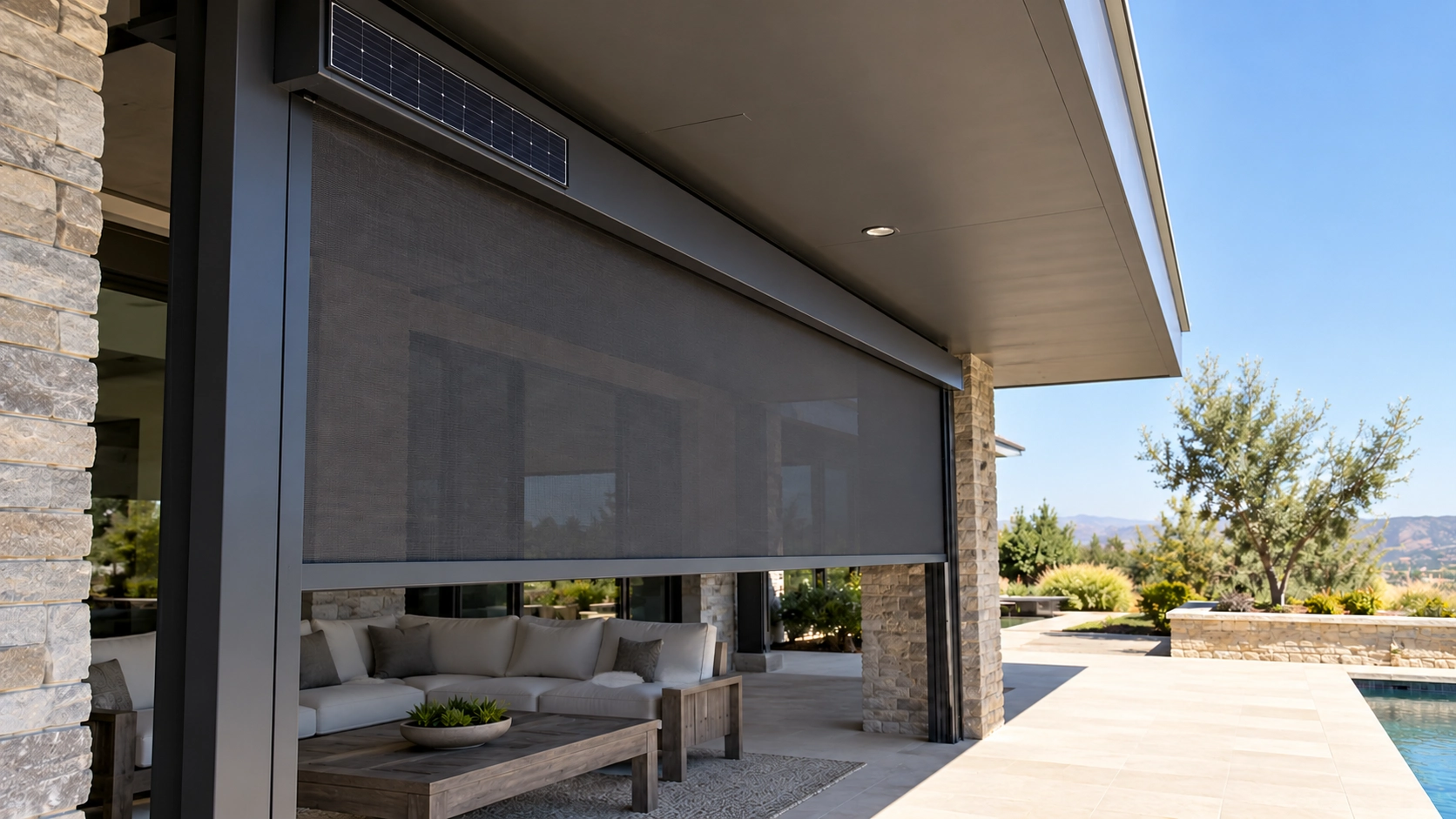 Solar outdoor blind cassette shaded by a deep patio roof overhang