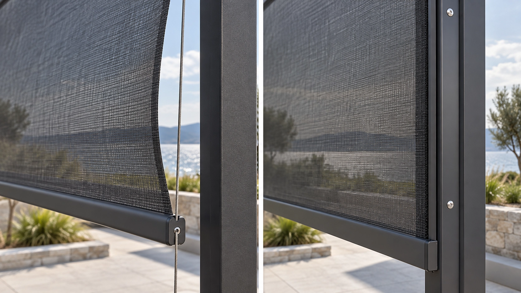 Open fabric edge beside a cable guide compared with fabric retained in a ZIP side track