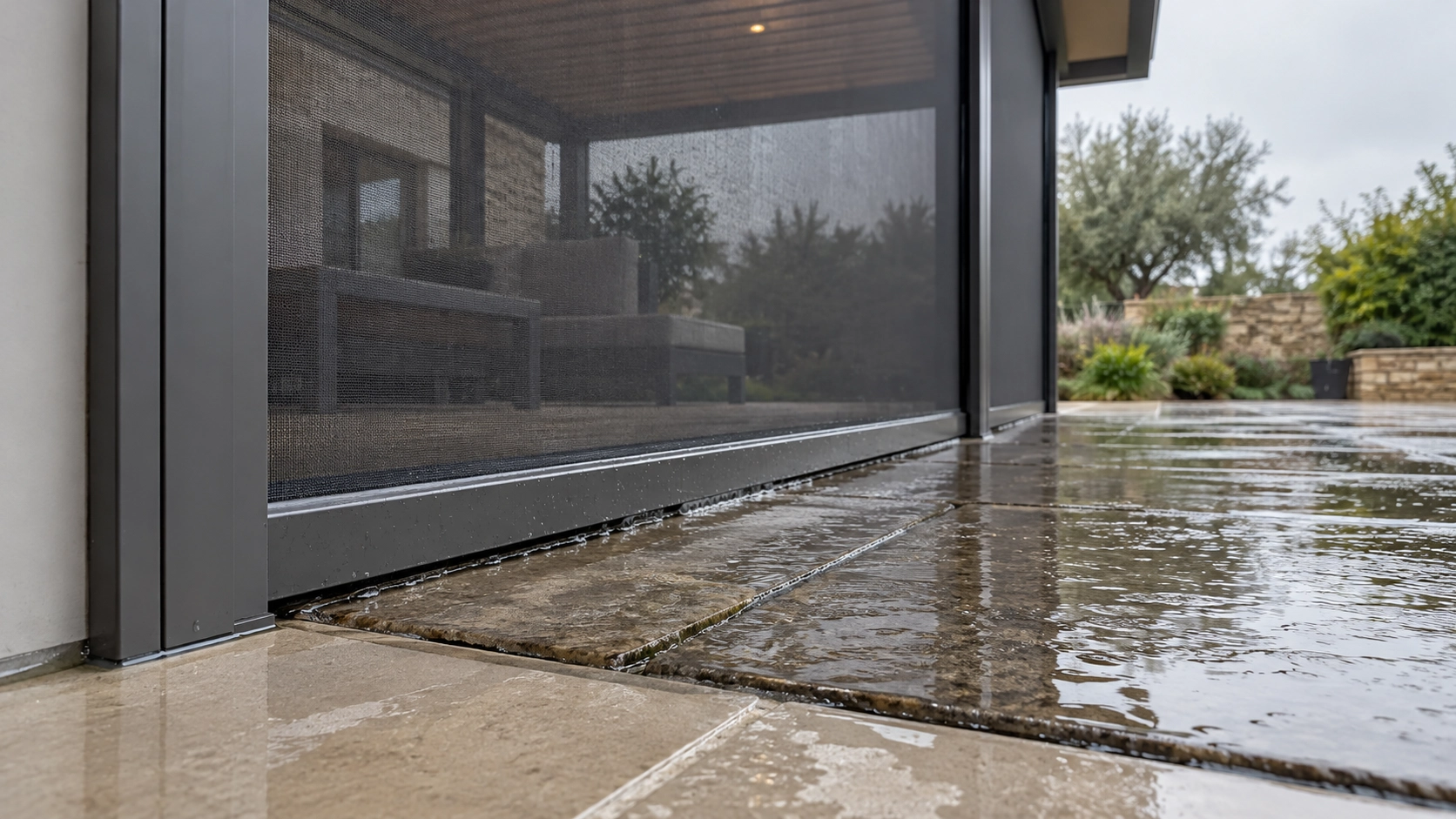Outdoor ZIP screen bottom rail above wet paving where rainwater can reach the patio floor