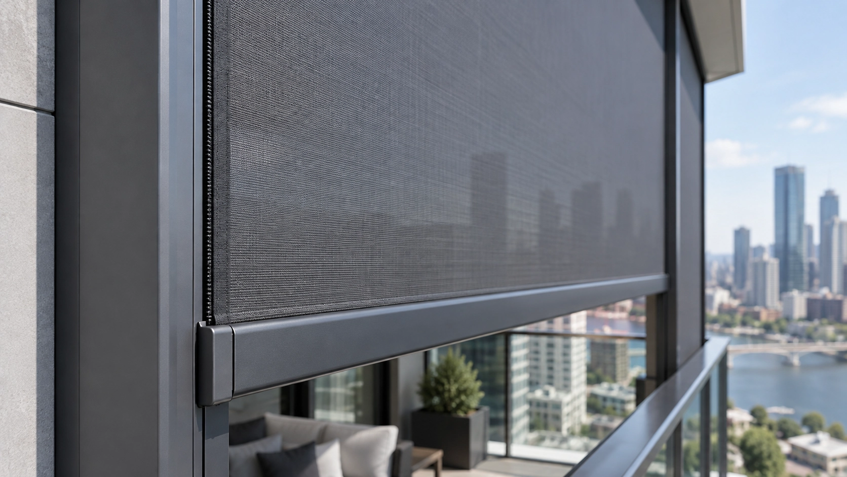 ZIP Screen Side Guide and Edge Retention ZIP screen side guide and retained fabric edge on a high-rise balcony