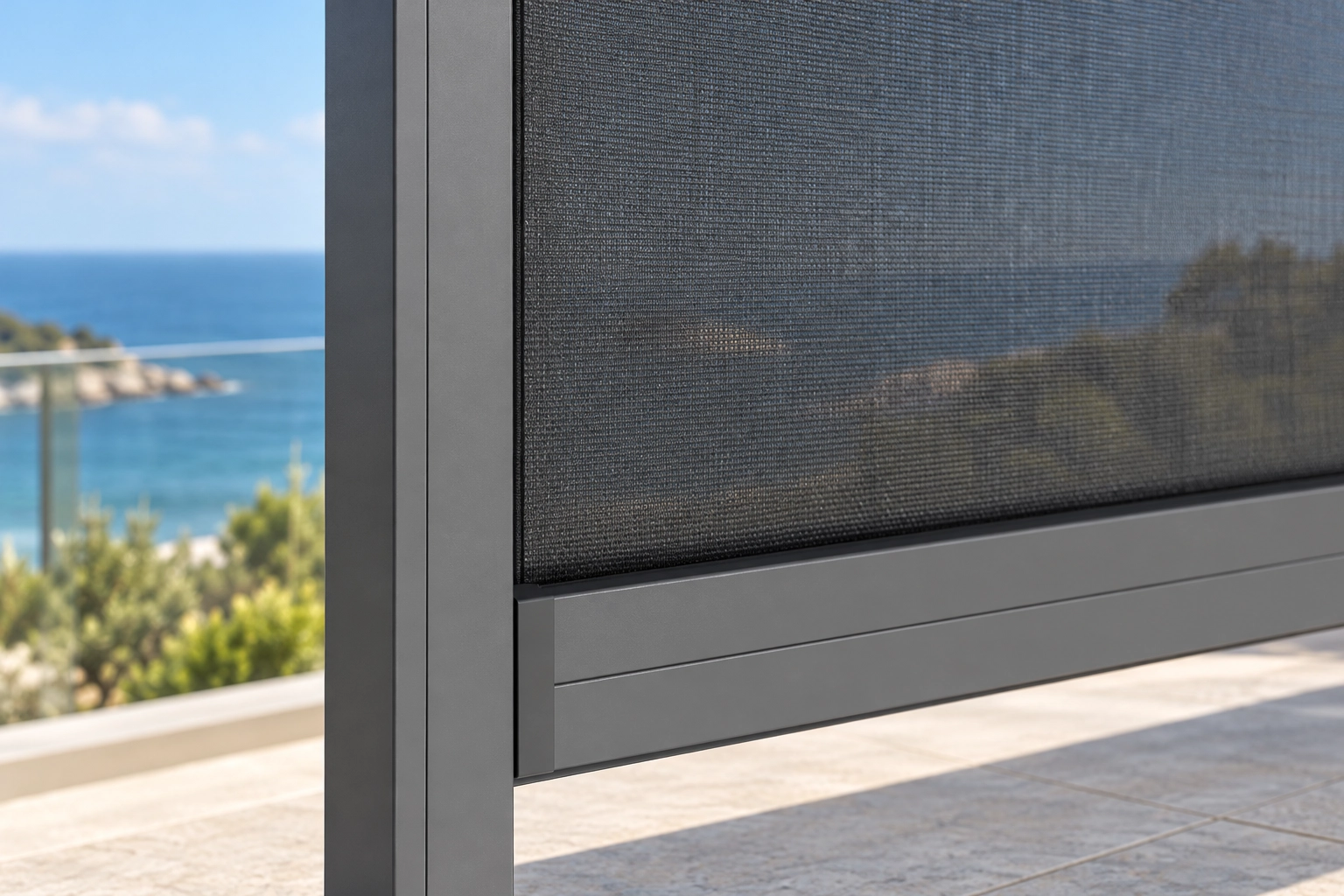 ZIP screen side guide and fixings on a coastal balcony post