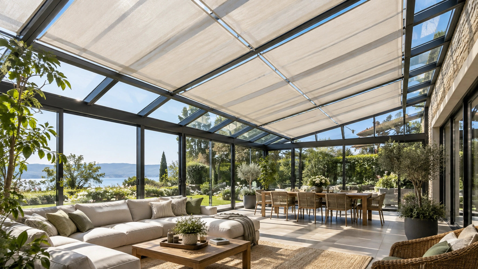 Tensioned skylight shading system installed on a sloped sunroom glass roof