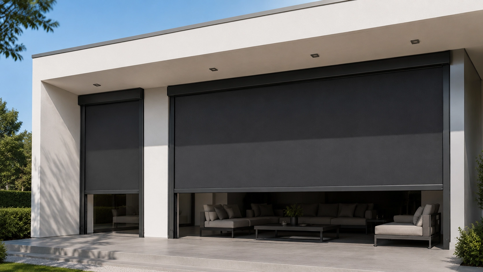 Wide outdoor ZIP screens installed across large patio openings