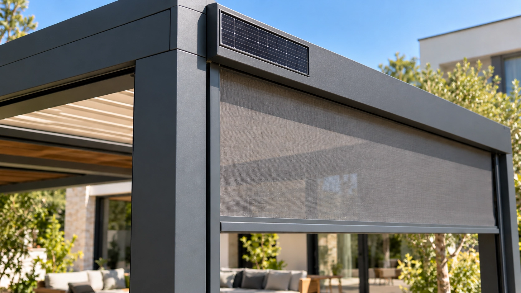 Small solar panel set into a square outdoor blind cassette