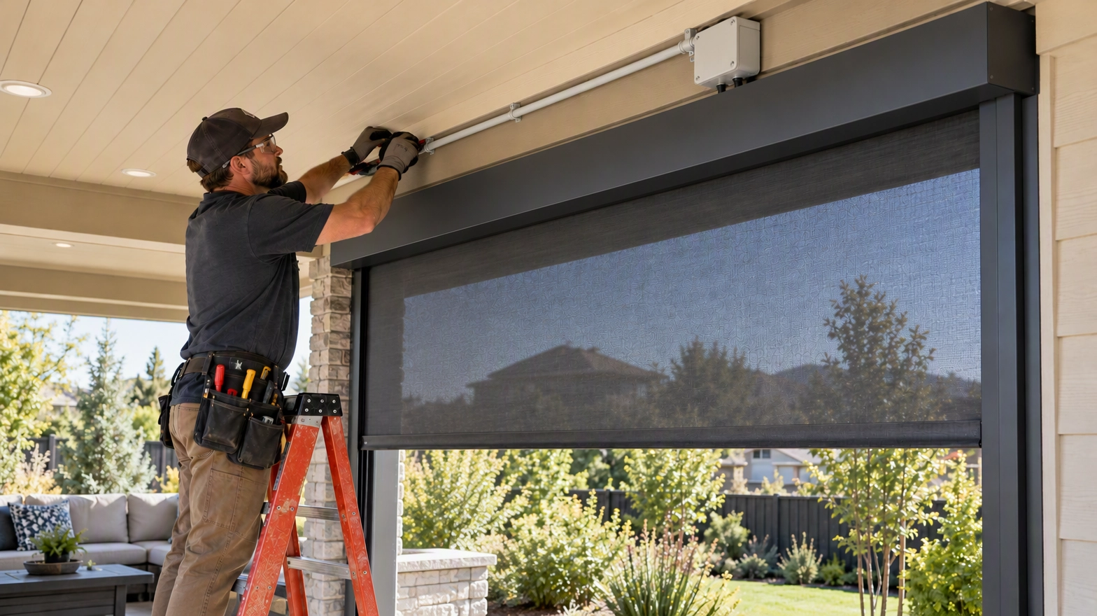 Installer routing electrical conduit above a square-cassette motorized outdoor ZIP screen