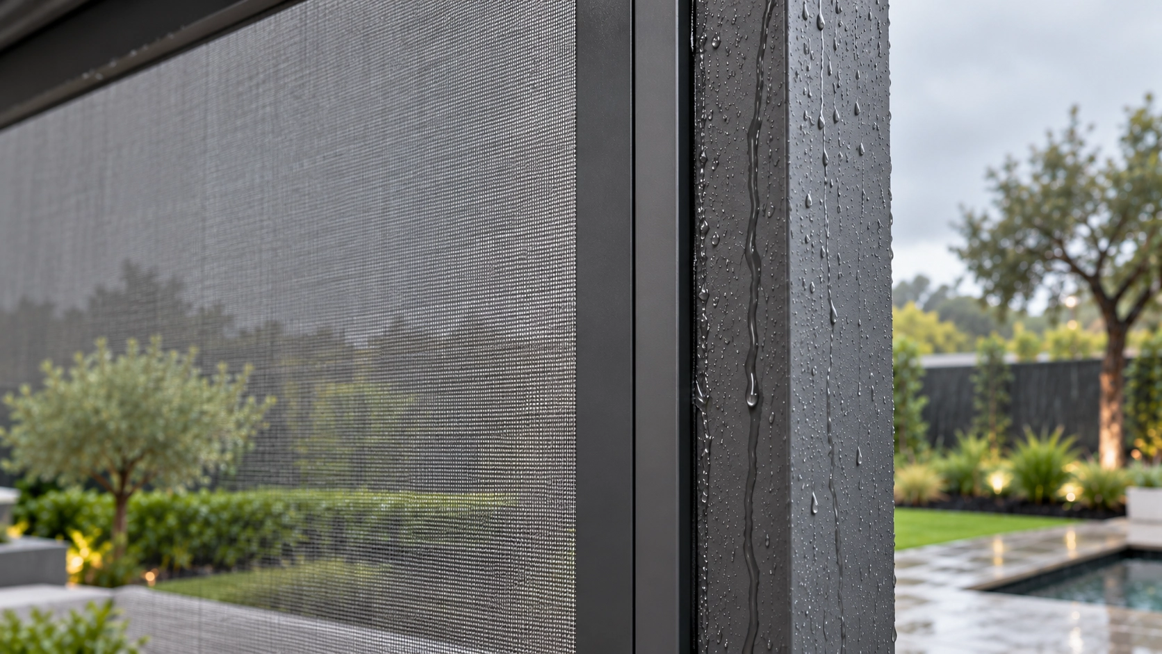 Closed aluminium ZIP screen side guide beside a rain-wet pergola post with the zipper hidden inside