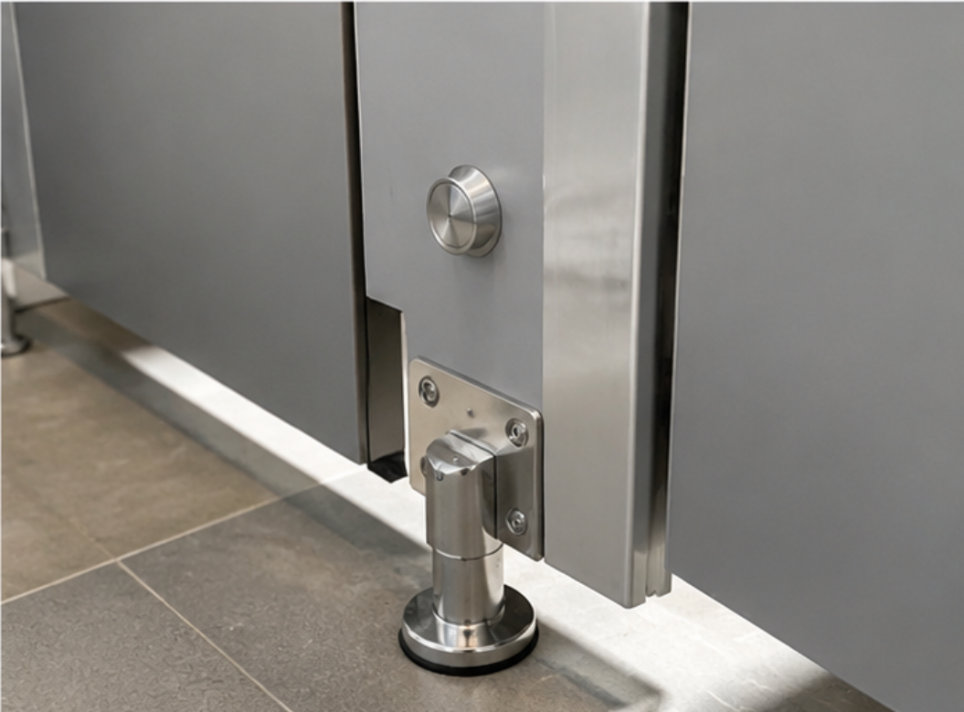 Hardware Detail ALT: Close-up technical detail of heavy-duty hardware and flush trim profile engineering for 120 Cubicle Stalls / 45 Restroom Zones project