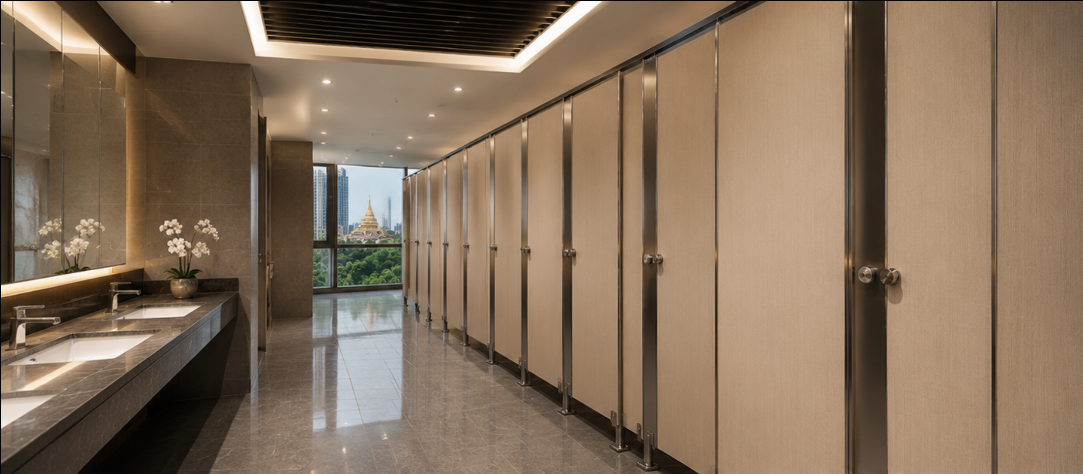 Finished Project Image ALT: Premium finished view of 18mm HPL Panels with 304 Stainless Steel Hardware / 28mm Aluminum Honeycomb Partitions custom installed inside Bangkok Riverside Convention & Business Center