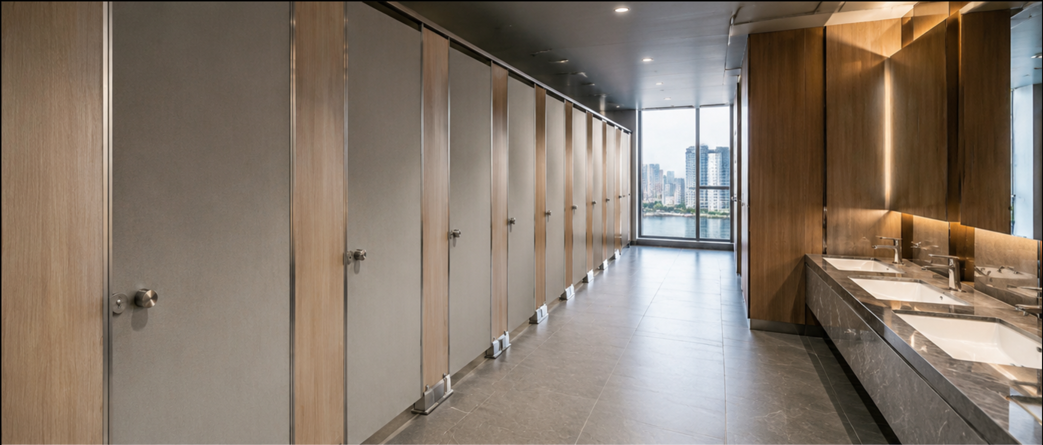 Finished Project Image ALT: Premium finished view of 18mm HPL Panels with 304 Stainless Steel Hardware / 28mm Aluminum Honeycomb Partitions custom installed inside Ho Chi Minh City Riverside Business Complex
