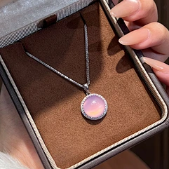 Round Pink Chalcedony Halo Pendant Necklace