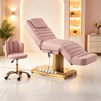 Electric eyelash beauty bed Gold base facial massage bed Pink PU aesthetic salon bed