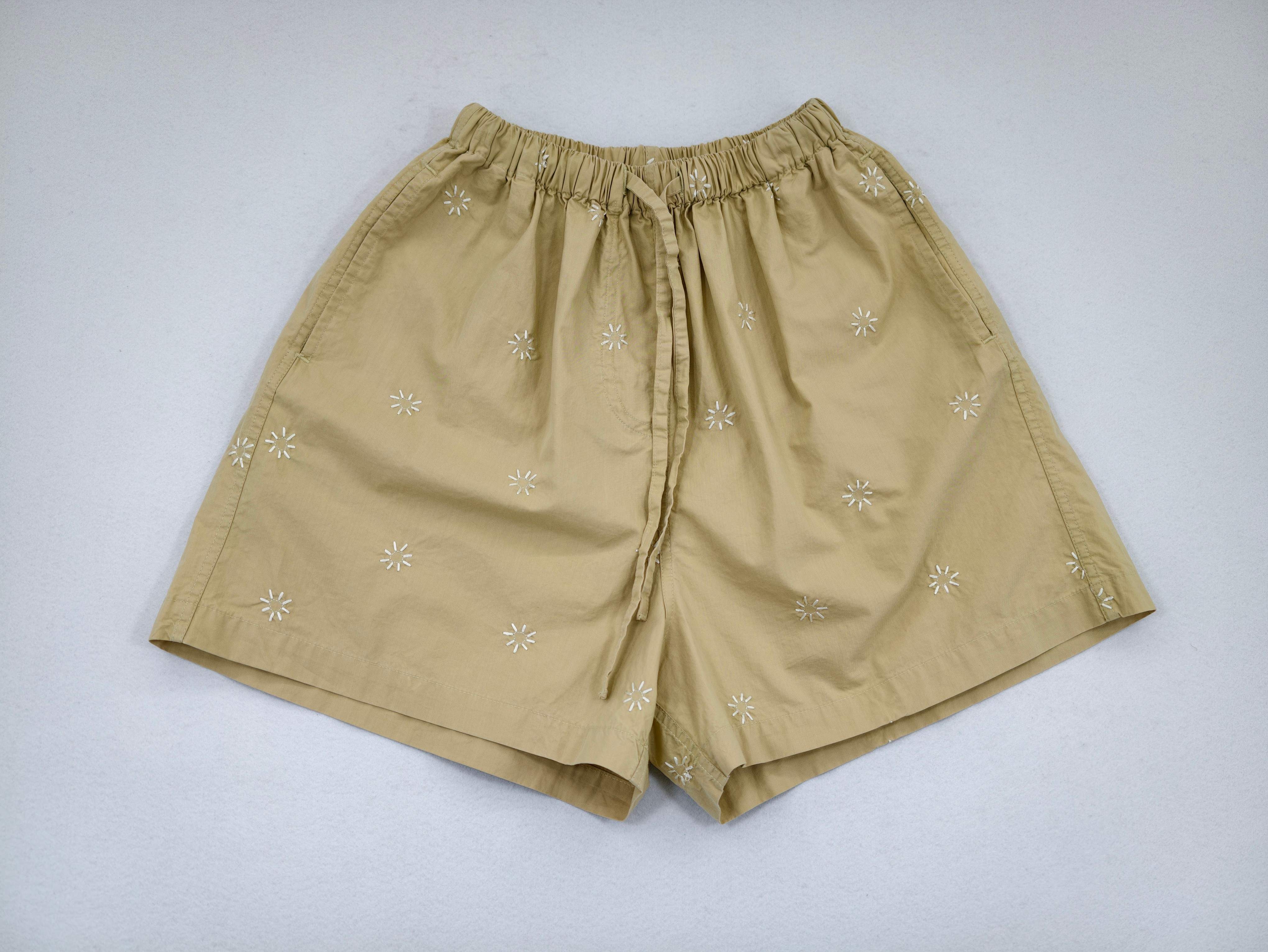 Khaki embroidered cotton poplin shorts front flat view
