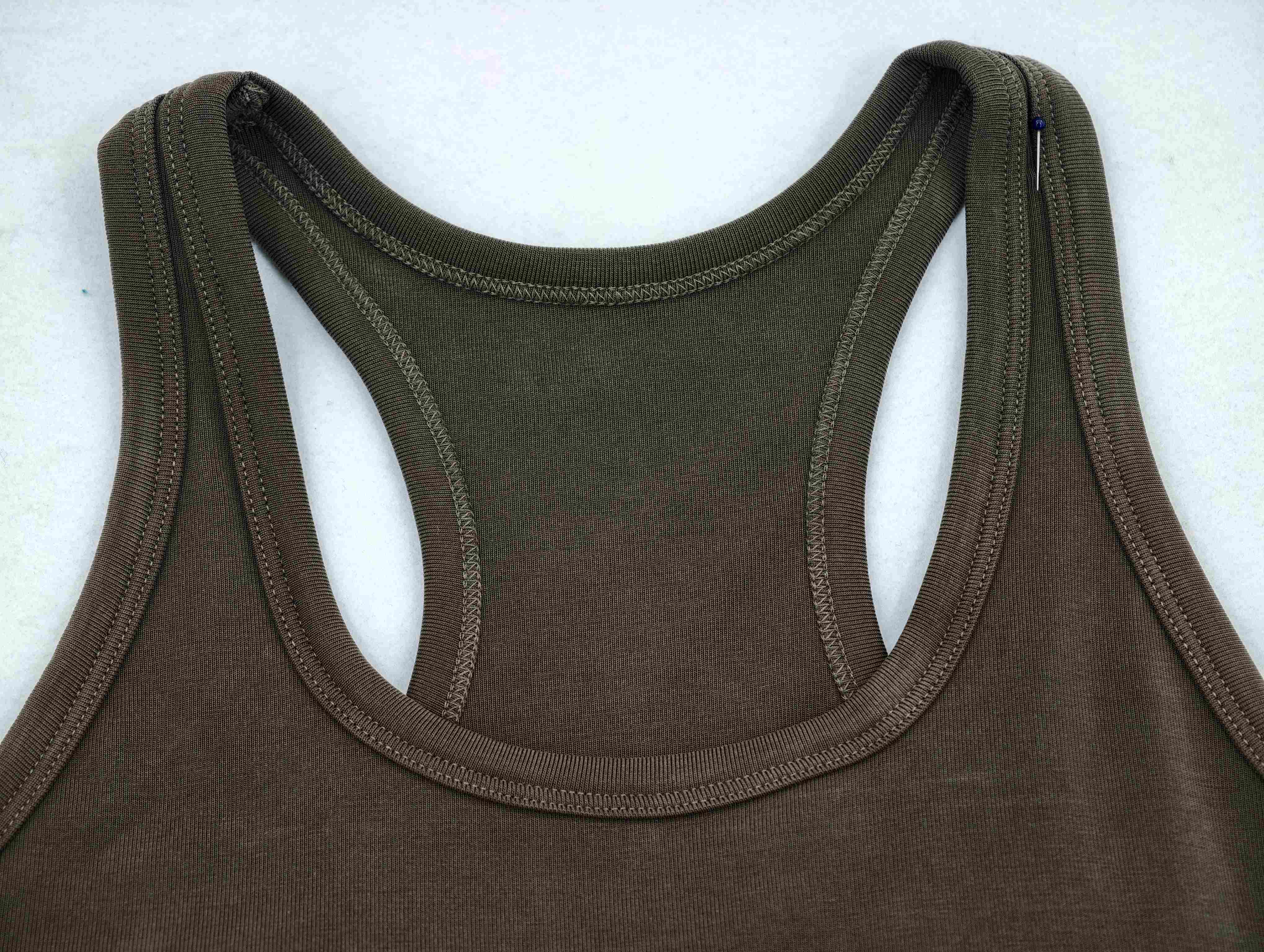 Bound racerback neckline on 300 GSM stretch rib fabric