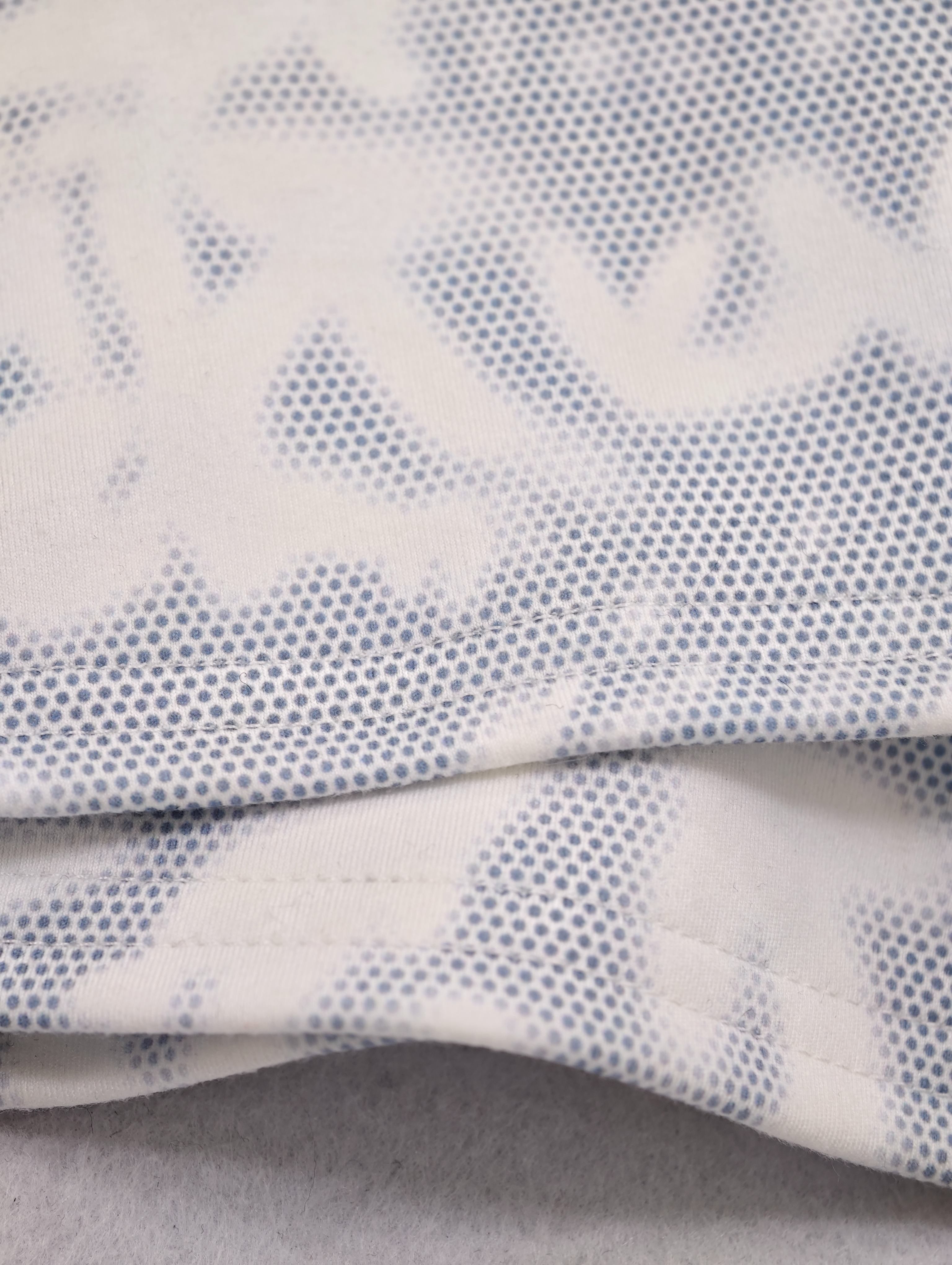 Close-up of blue printed stretch knit fabric layers
