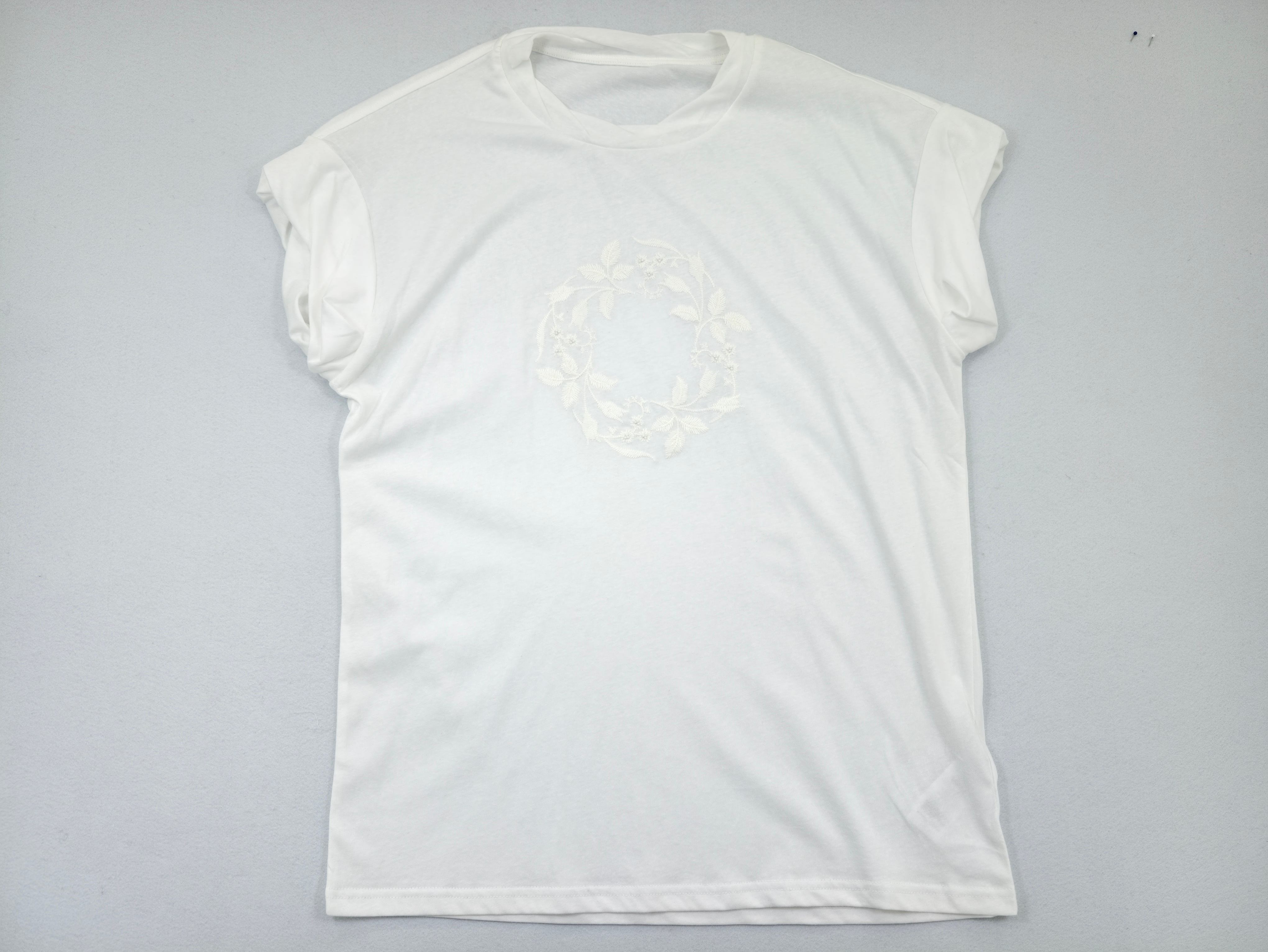 White slub jersey floral embroidery T-shirt front view