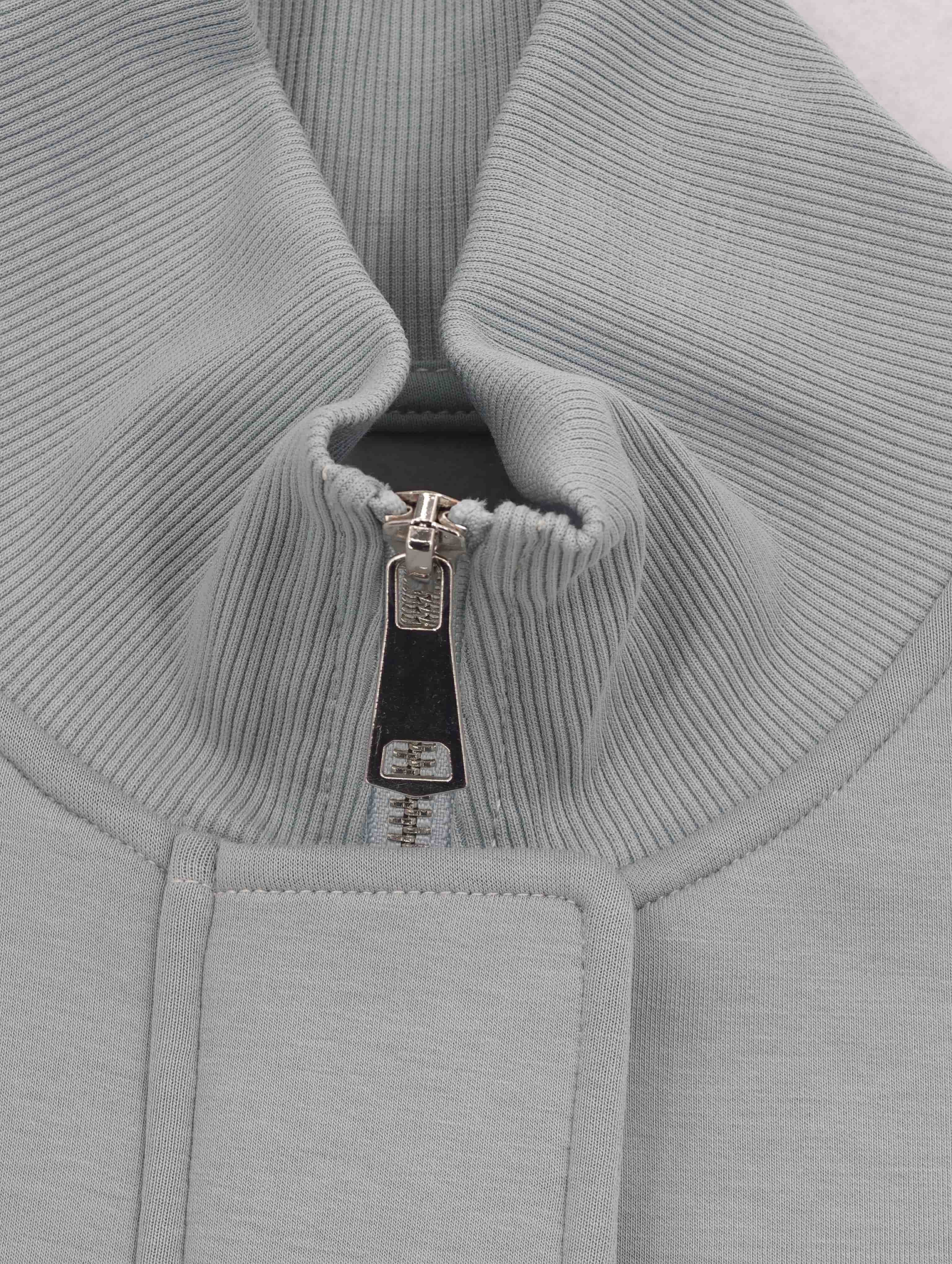 High stand collar and metal zipper pull close-up