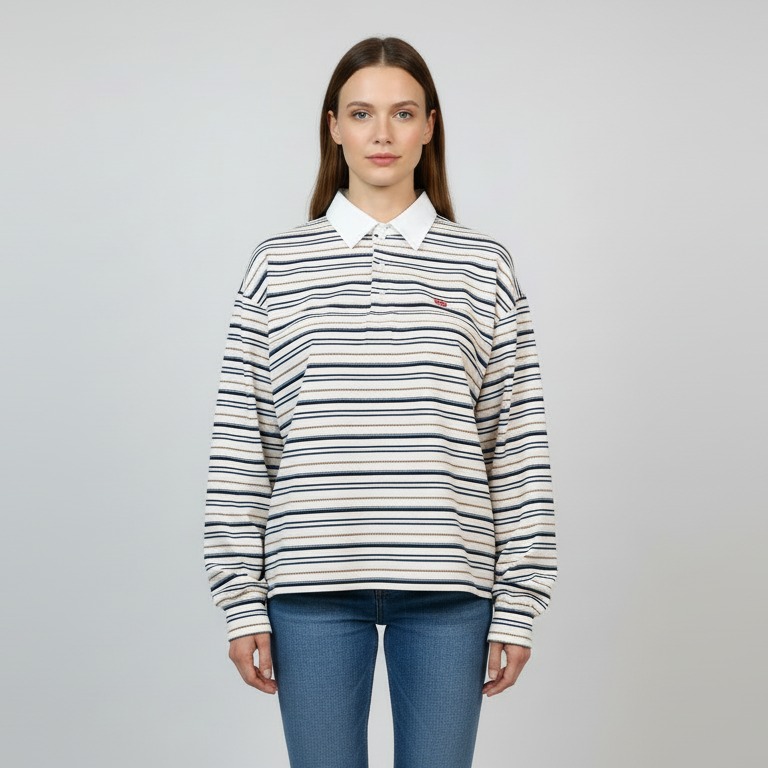 Narrow-stripe polo pullover front view for private label brands