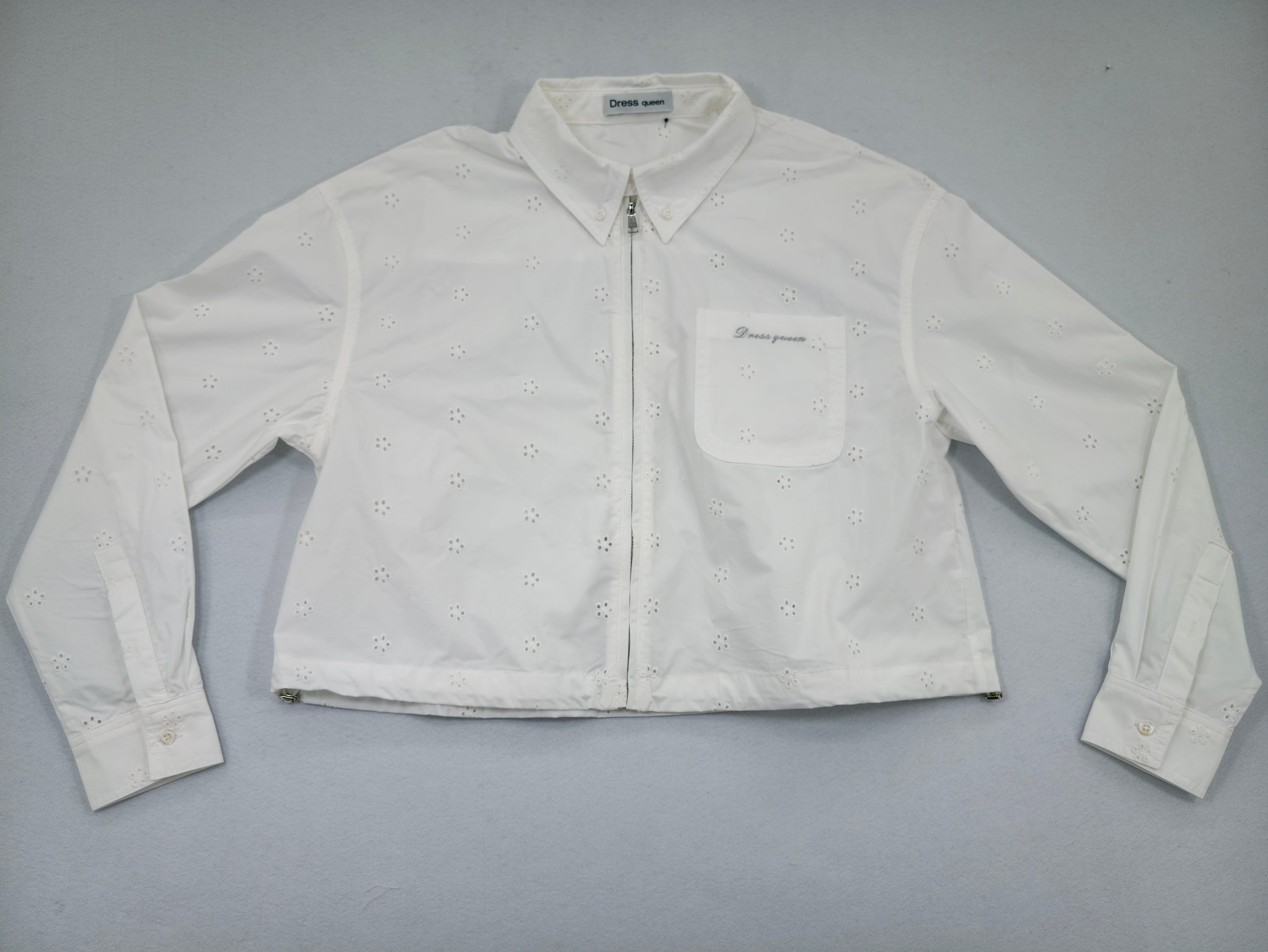 Custom eyelet poplin zip jacket front view