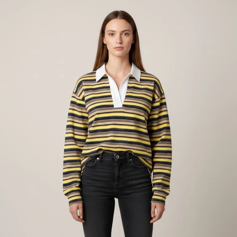Multi-stripe rugby pullover front model view for clothing brands