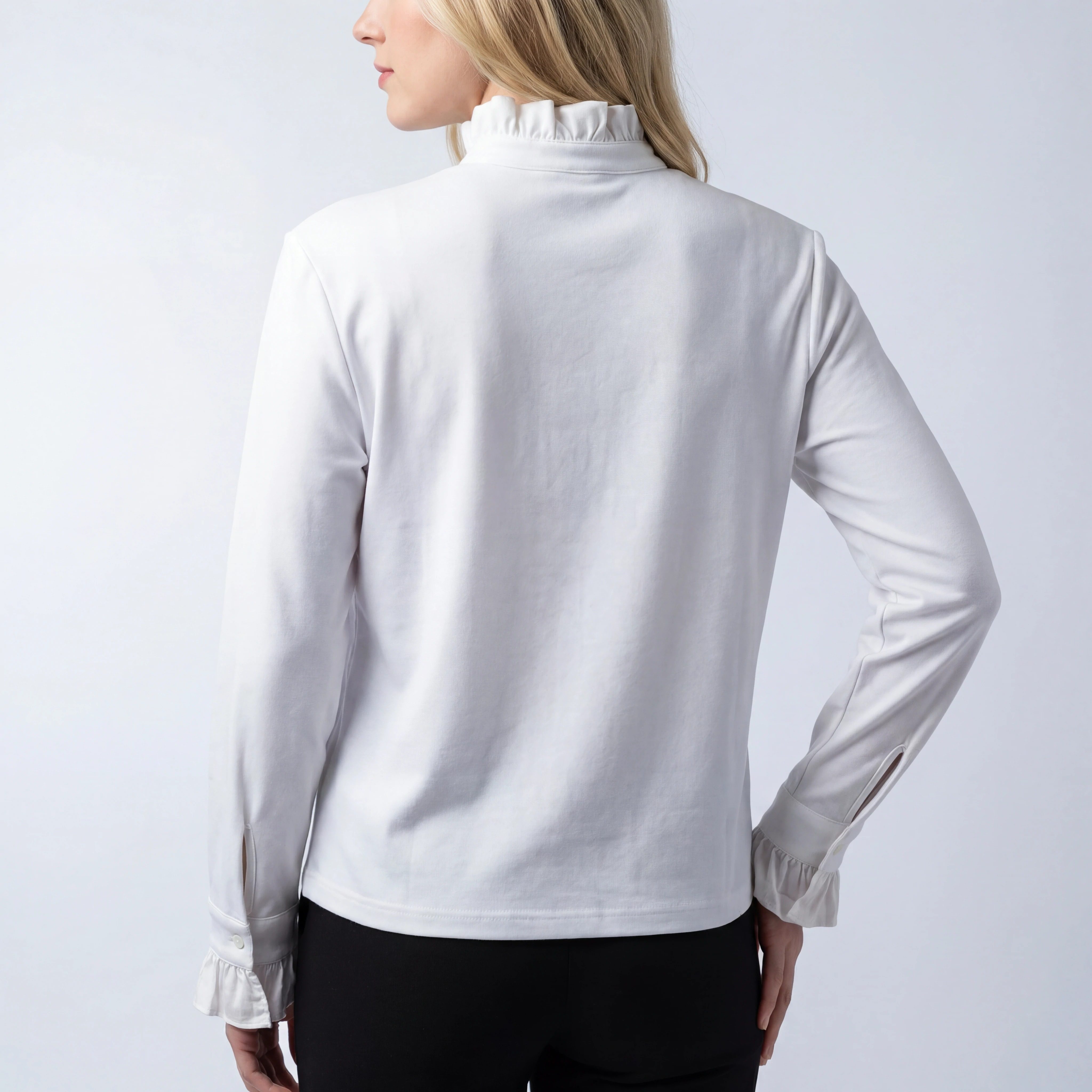 Back view showing regular fit and gathered collar detail