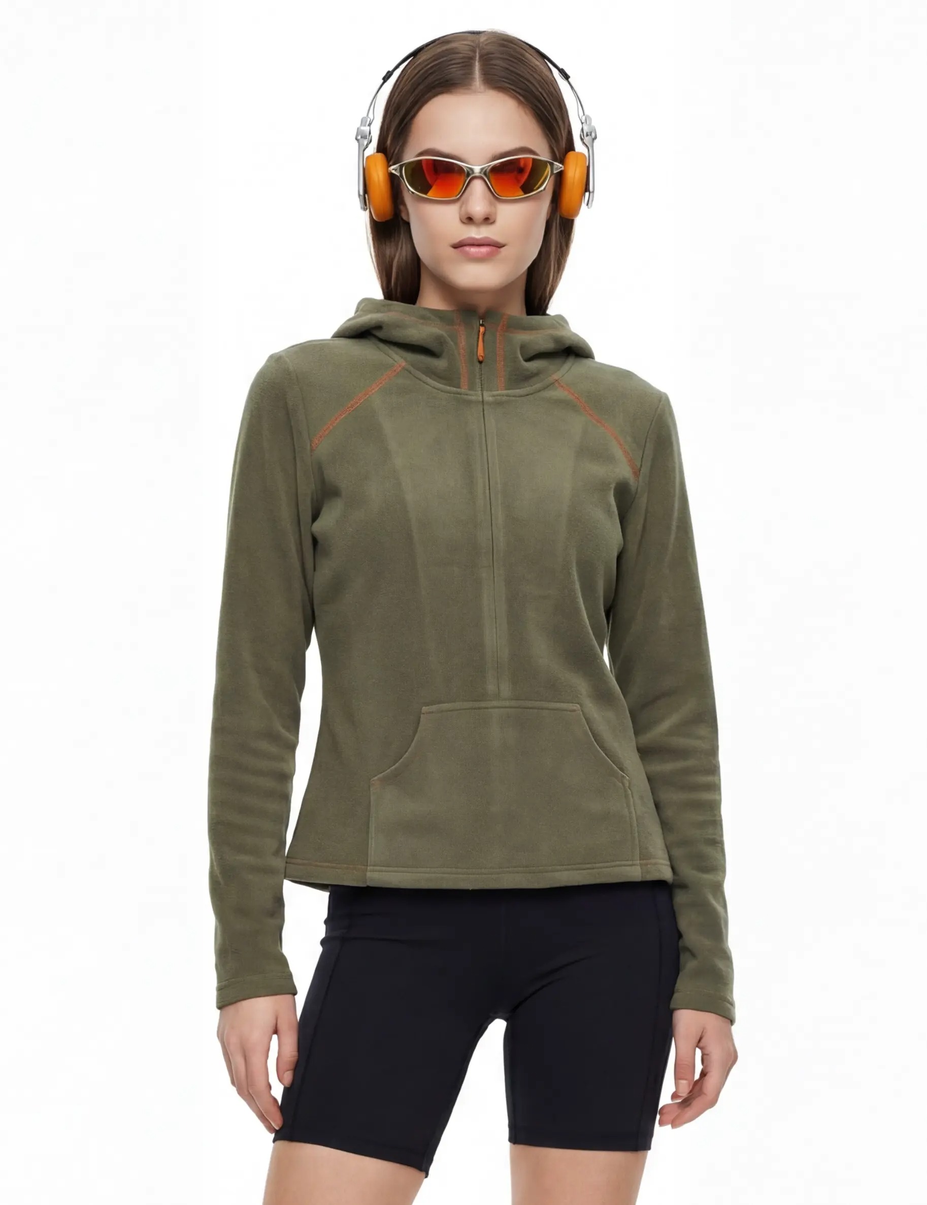 Olive half-zip fleece hoodie front model view