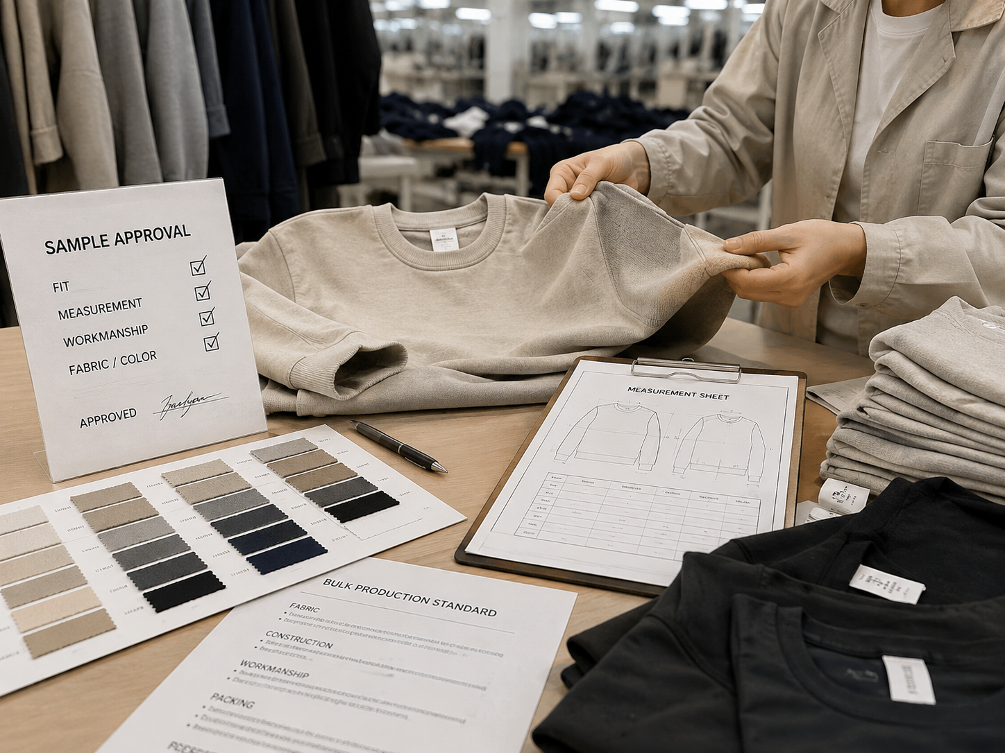 approved garment sample compared with bulk production standards