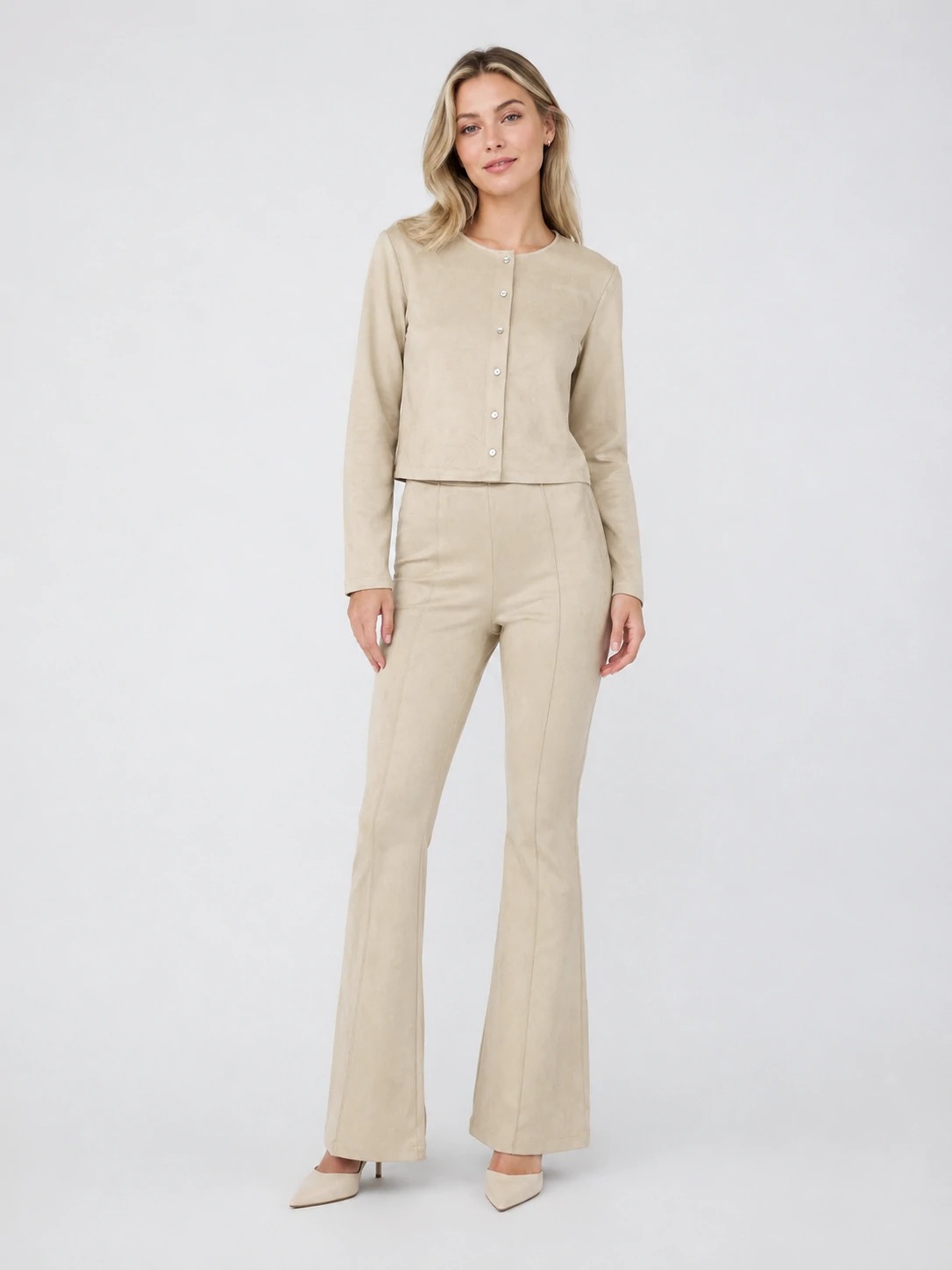 Women’s cropped jacket and flare pant set for private label collections