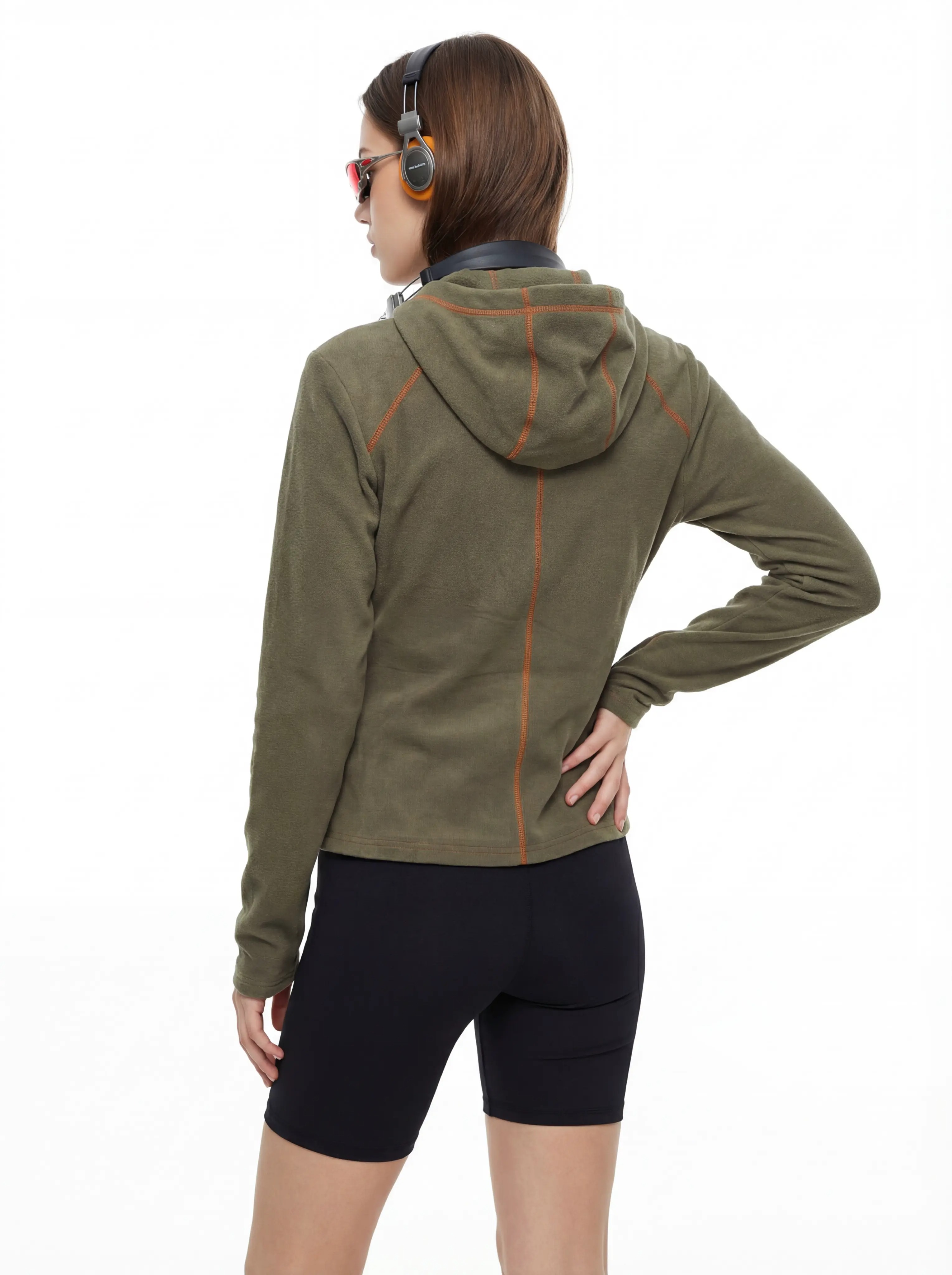 Back view with hood and contrast seam stitching