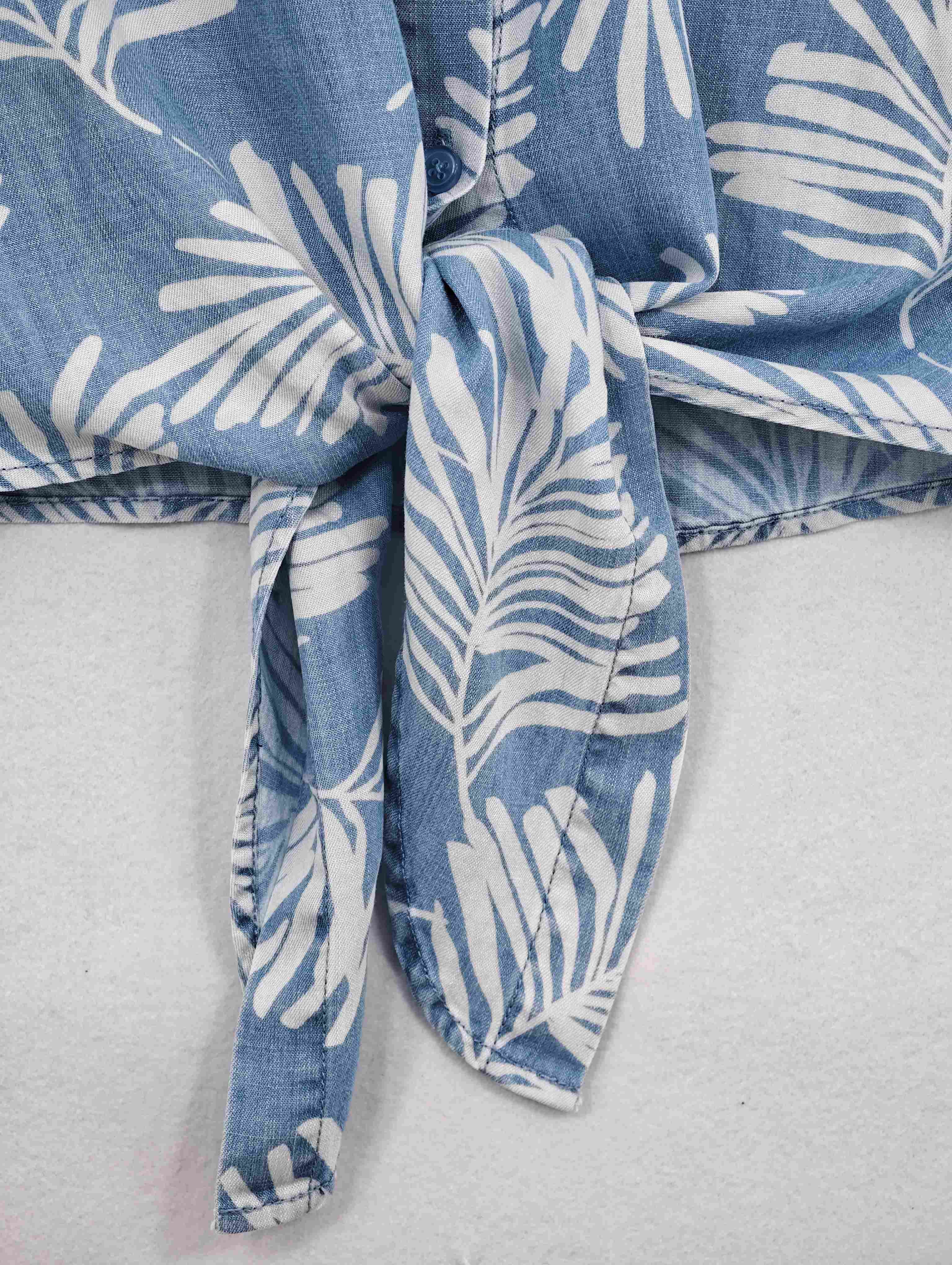 Adjustable tie-front hem on floral Tencel blouse