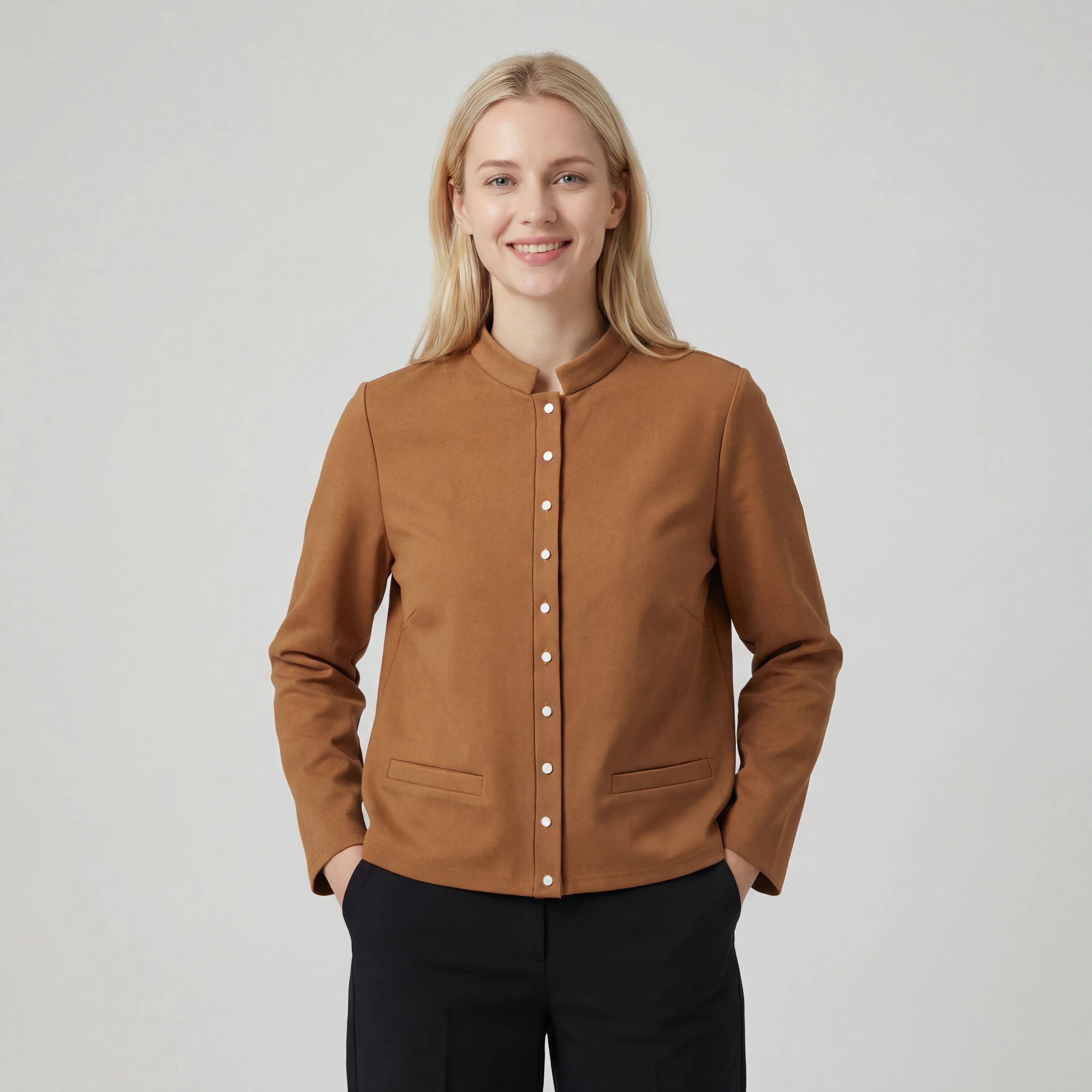 Structured Ponte snap jacket with welt pockets