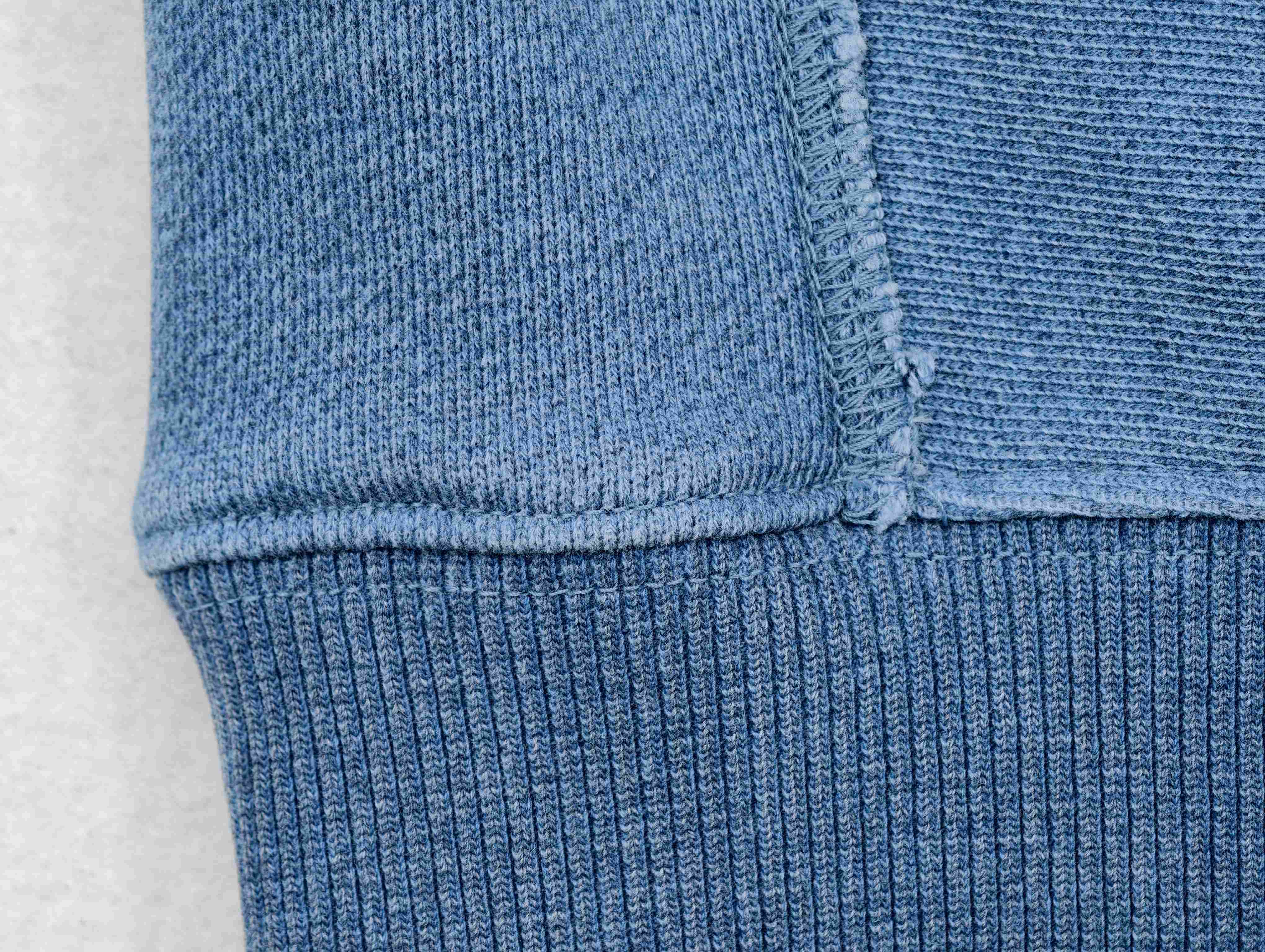 French terry seam construction with wide ribbed hem