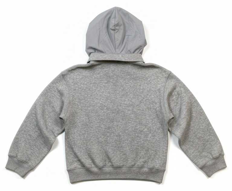 Back flat view showing hood and relaxed shoulder construction