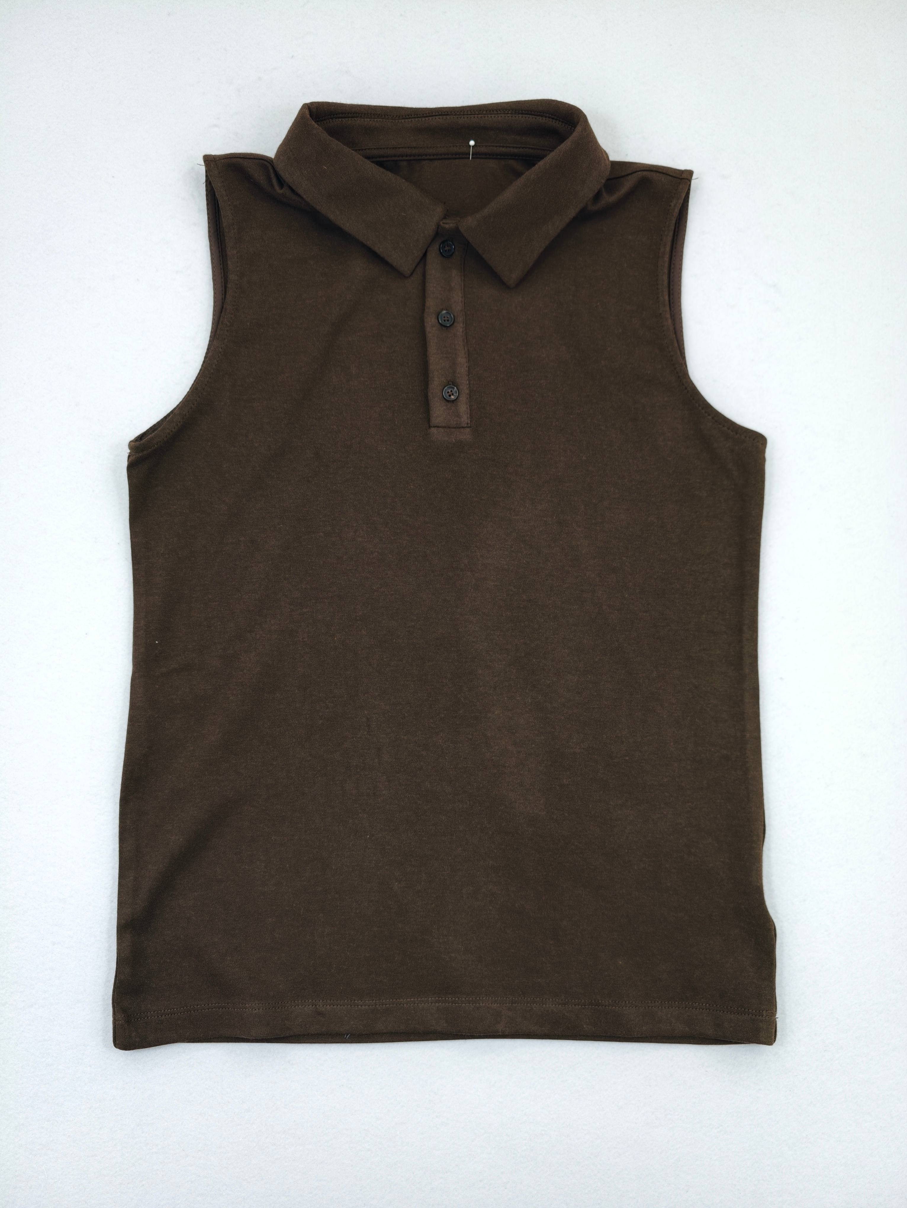 Brown Modal-wool sleeveless polo top laid flat from front