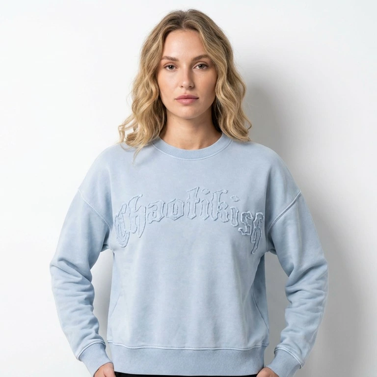 Snow-washed French terry appliqué sweatshirt front model view
